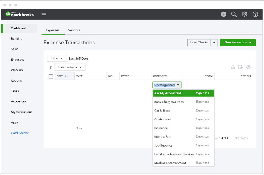 QuickBooks Online dashboard showing expense transactions